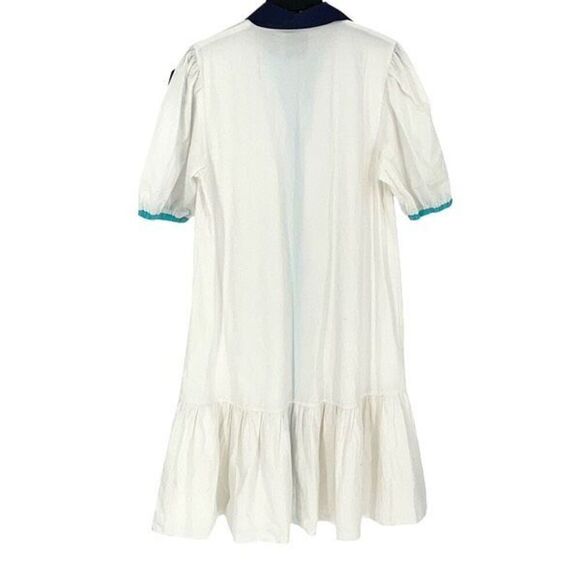 ADDISON BAY ISLE DRESS 100% Poplin Cotton White Blue Pipping Drop Waist Midi Sma - Picture 6 of 11